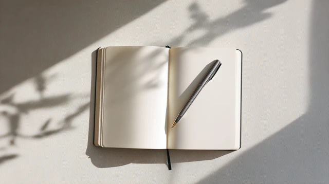 Notebook and Pen on White Wooden Desk