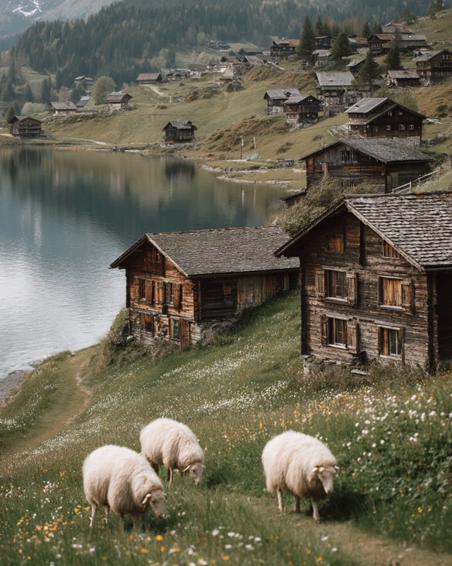 Alpine Village Lake Sheep Photography