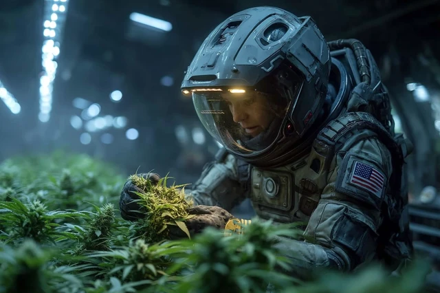 Astronaut in Space Lab Examining Hemp Plants