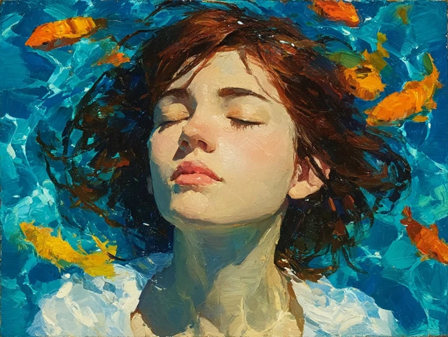 Underwater Serenity Oil Painting of a Girl with Fish