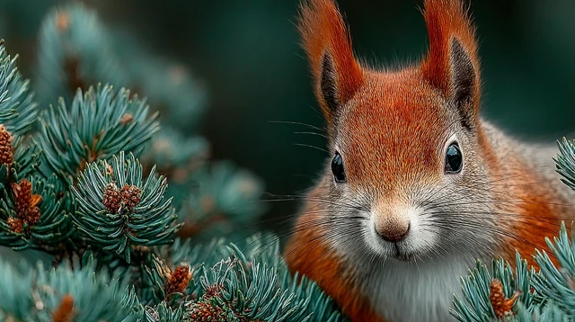 Hyperrealistic Red Squirrel on a Pine Branch Wildlife