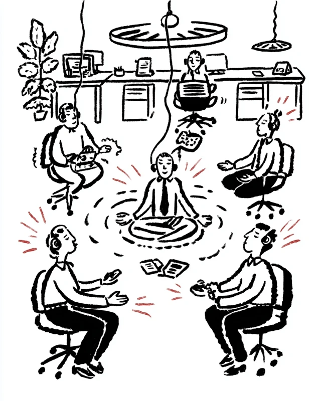 Meditating Call Center Surreal Cartoon