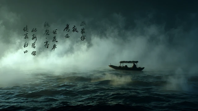 Chinese Landscape Painting Misty River and Ancient Boat