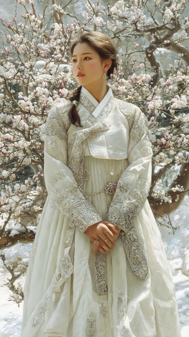 Korean Woman in Hanbok Under Plum Blossoms