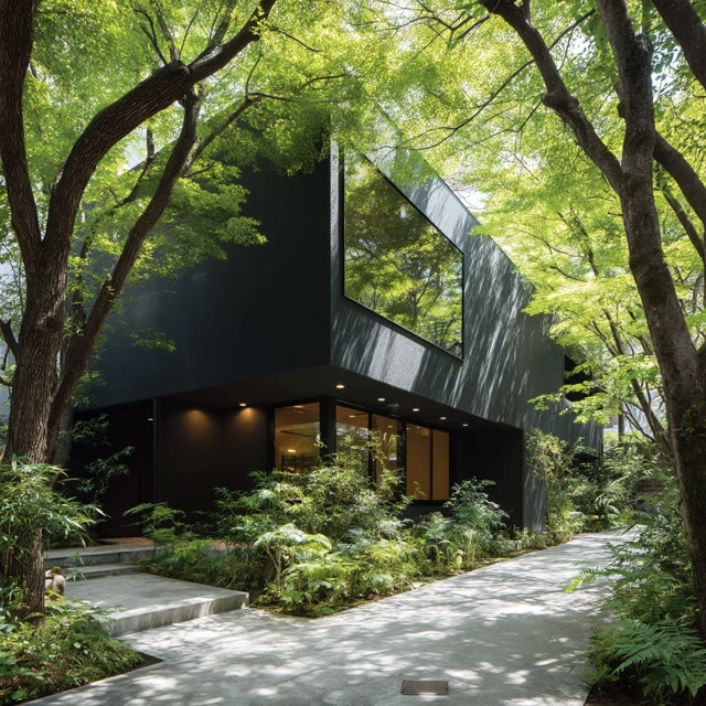Modern Black House in the Woods Beautiful Light and Shadow