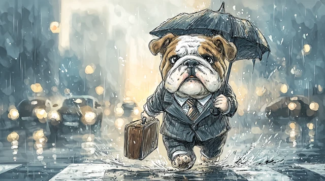 Bulldog in Suit Rainy Day Cartoon