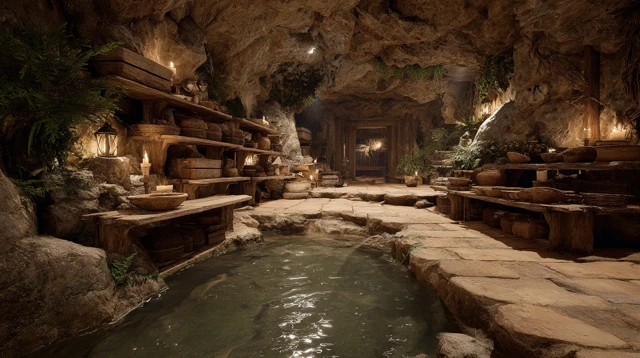 Elven Refuge Cave Interior Cinematic Shot