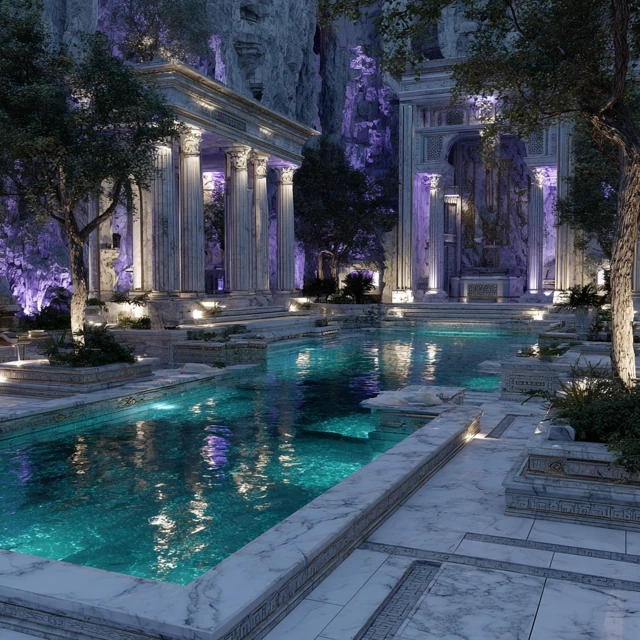 Luxury Garden with Modern Stone Pillars and Marble Pond