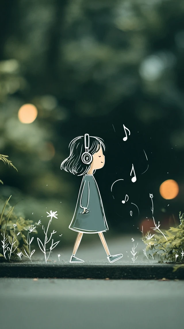 Girl Walking with Headphones Smiling and Listening to Music