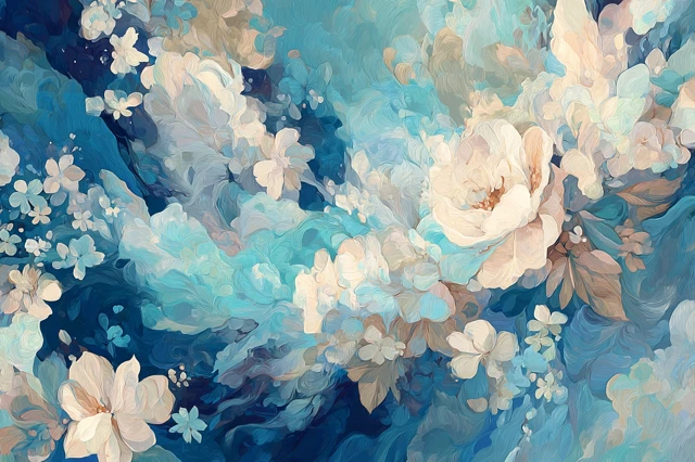 Abstract Floral Painting in Blue and White