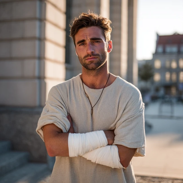 Handsome Brunette Man with Bandaged Arm Portrait