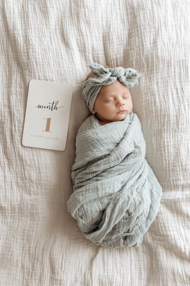 Newborn Baby in Pastel Swaddle 1 Month Milestone
