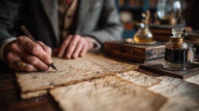19th Century Writer at Work Close Up Cinematic Shot