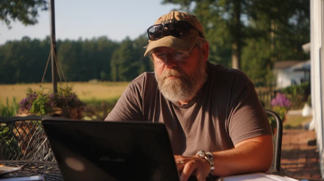 Man in Farmhouse Typing Email
