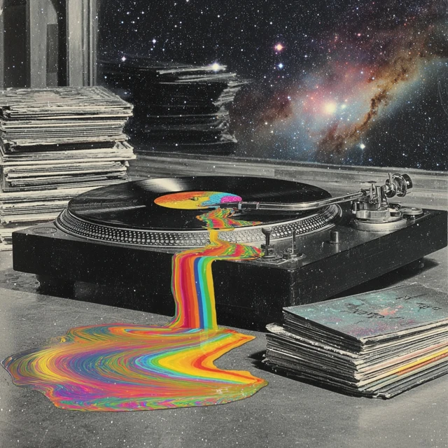 Psychedelic Turntable with Rainbow Liquid in Space