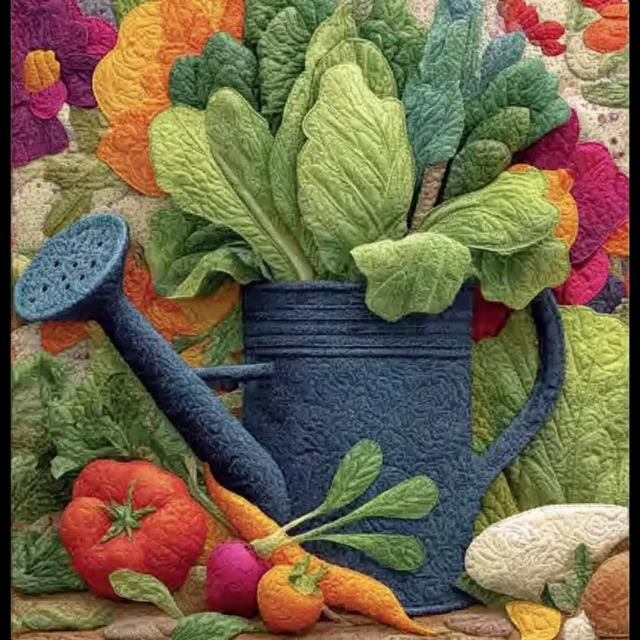 Vegetables in Watering Can Patchwork Quilt Art