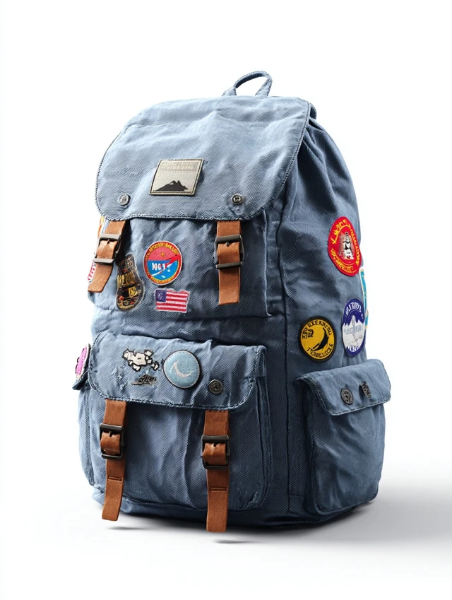 Cool Blue Teenager Backpack with Colorful Patches