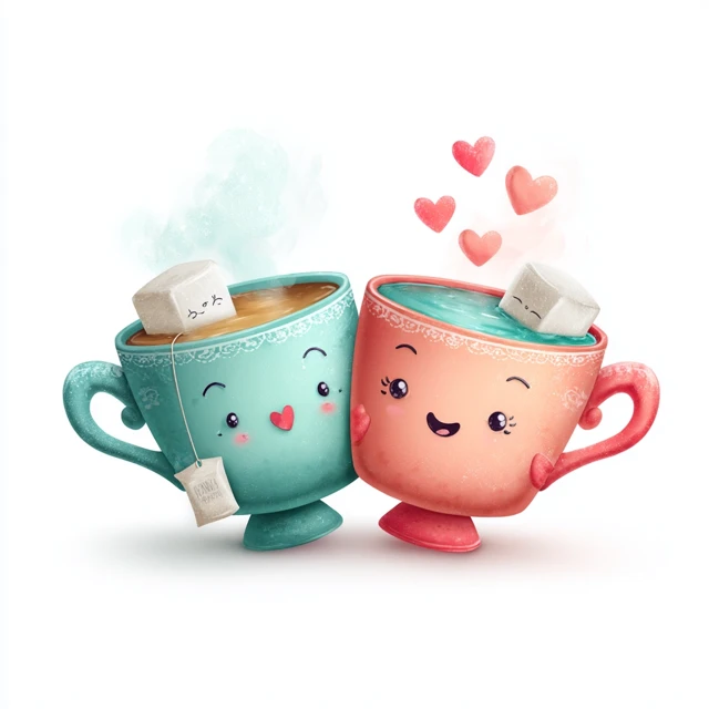 Cute Teacups Illustration: Cartoon Love and Tea Time