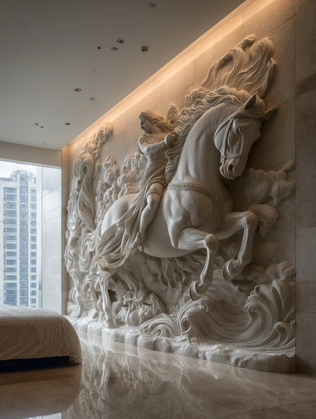 Luxury Bedroom with Horse Relief Mural