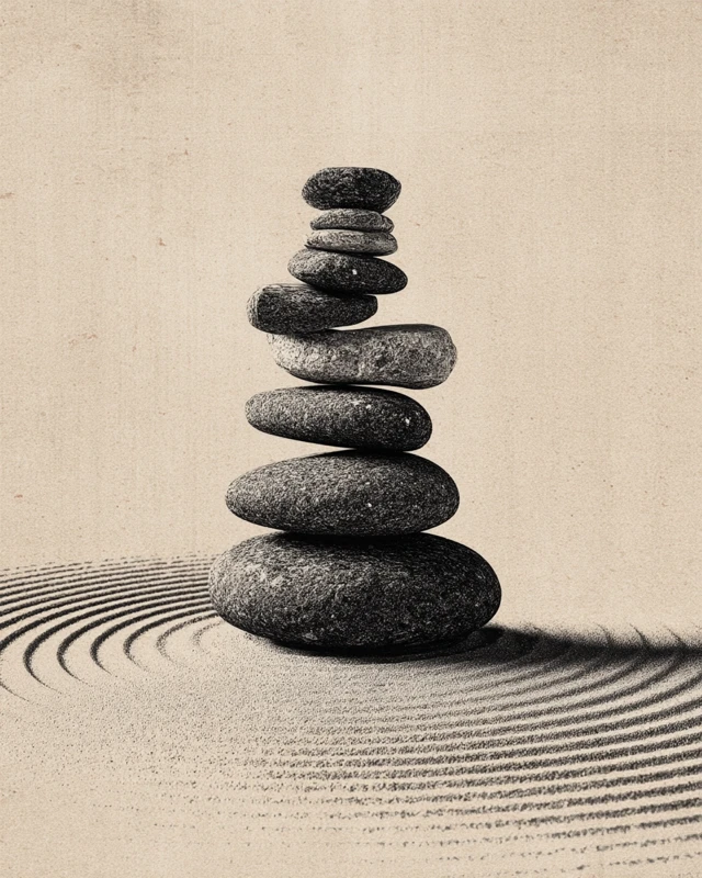 Japandi Zen Art Balancing Stones on Sand