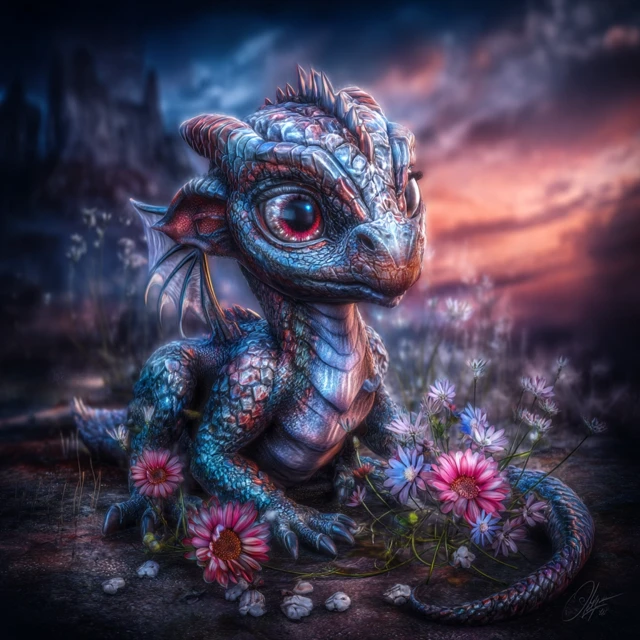 Cute Baby Dragon with Pastel Scales and Flowers