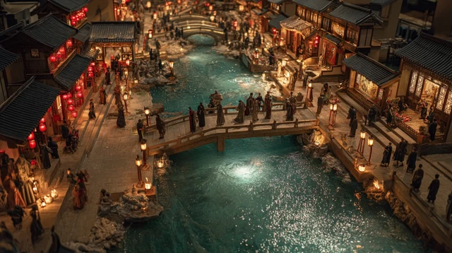 Ancient China Night Scene River Bridge Market 8K