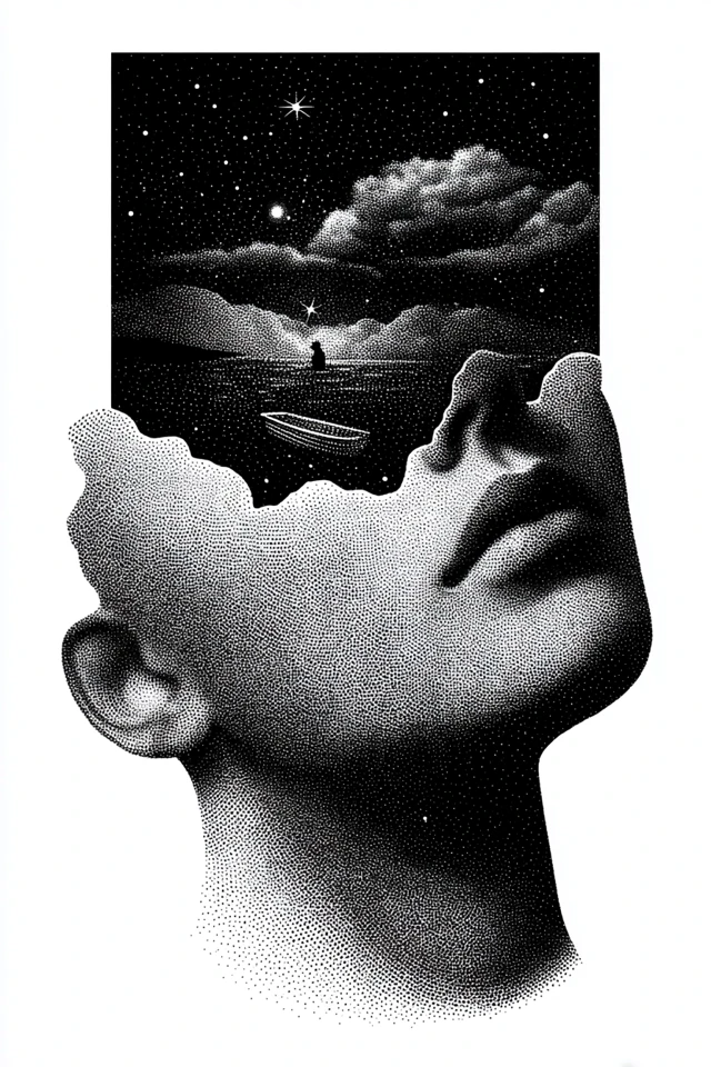 Surreal Dreamlike Ink Drawing of a Face with Boat and Stars