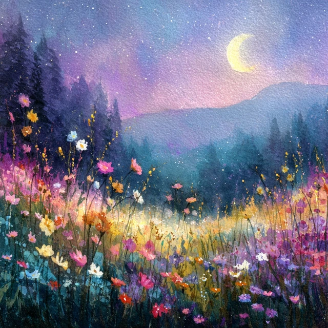 Moonlit Wildflower Field Watercolor Painting