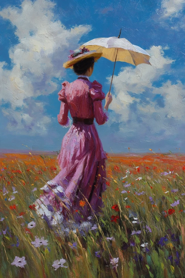 Elegant Lady in a Flower Field Oil Painting