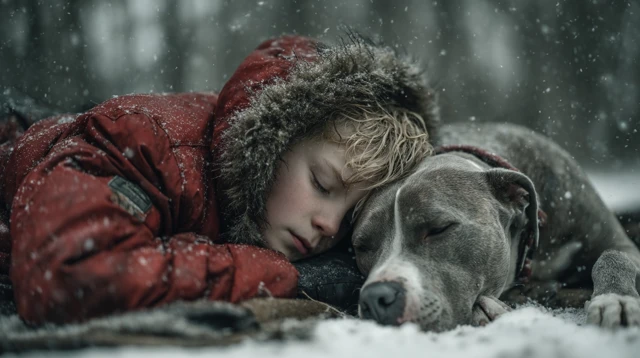 Boy and Dog in Snow Emotional Winter Scene