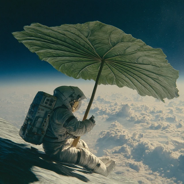 Astronaut with Taro Leaf Umbrella Cinematic Shot