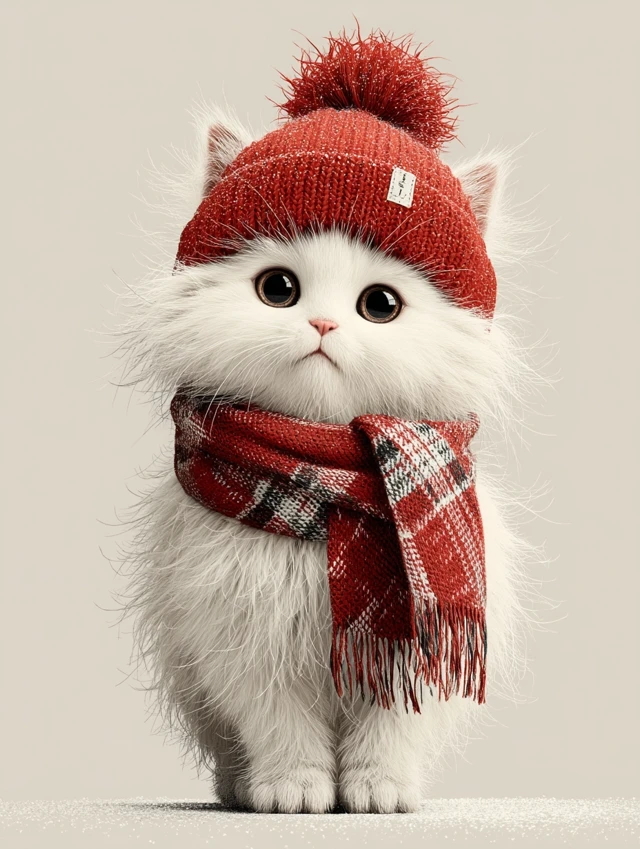 Fluffy Kitten in Red Hat and Scarf Illustration