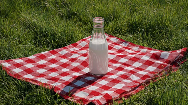 Picnic Scene Milk Bottle Red White Checkered Cloth