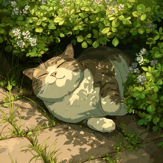 Chubby Cat Napping in Ghibli Style