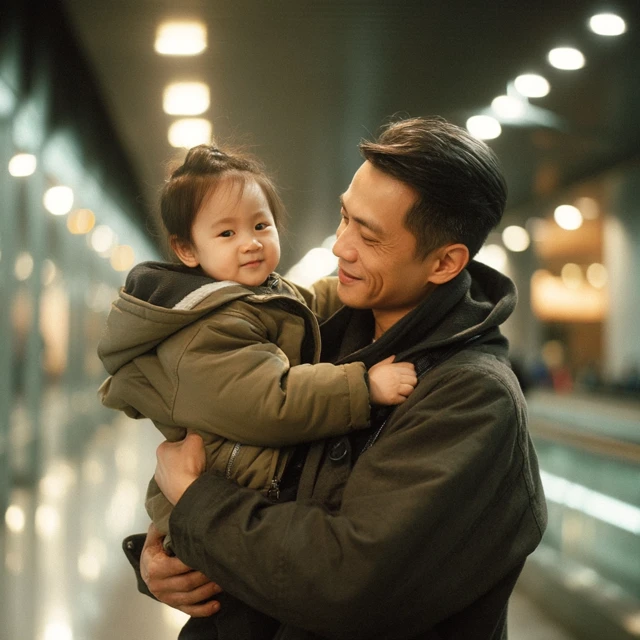 Chinese Father and Child in Subway Station