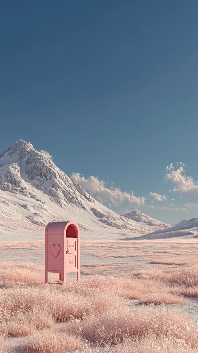 Surreal Mountain Landscape with Pink Mailbox