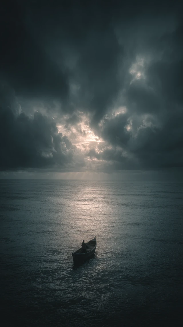 Man on Boat in Vast Ocean Cinematic Loneliness