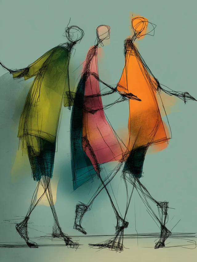 Abstract Dance Illustration Green Pink Orange Blue Colors