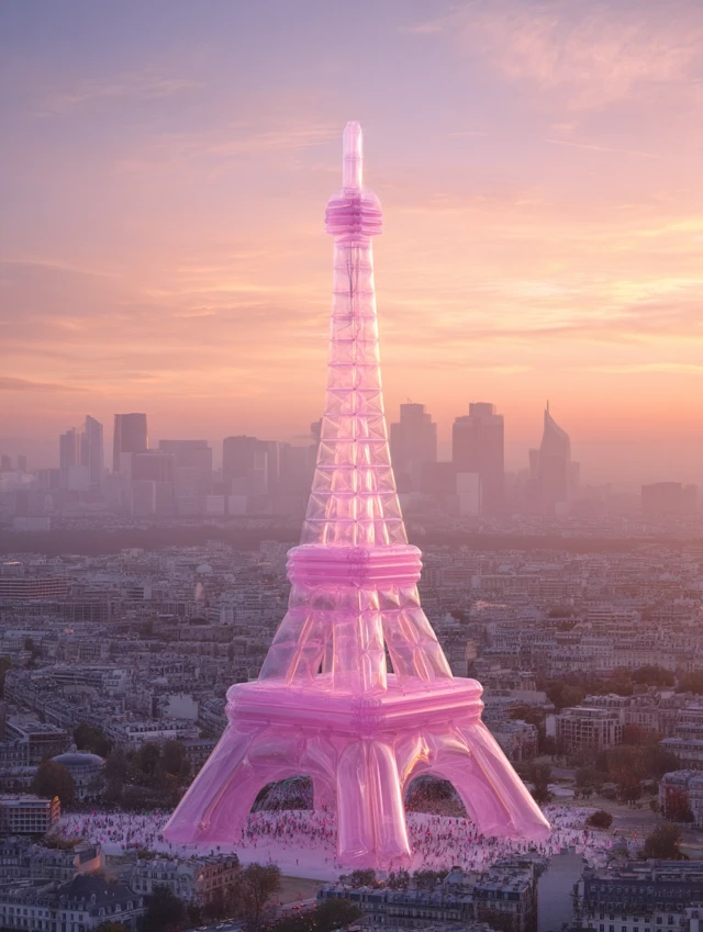Futuristic Eiffel Tower Pink Inflatable Paris Sunset