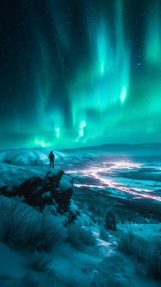 Northern Lights Traveler Snowy Landscape Adventure