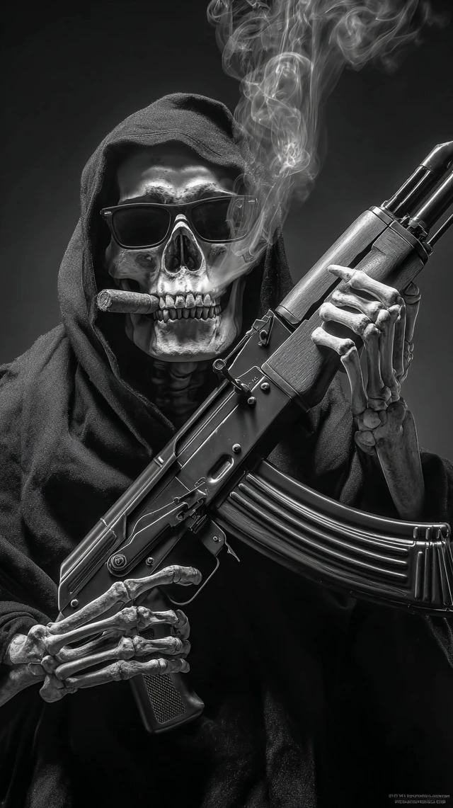 Grim Reaper with AK47 Black and White Photo