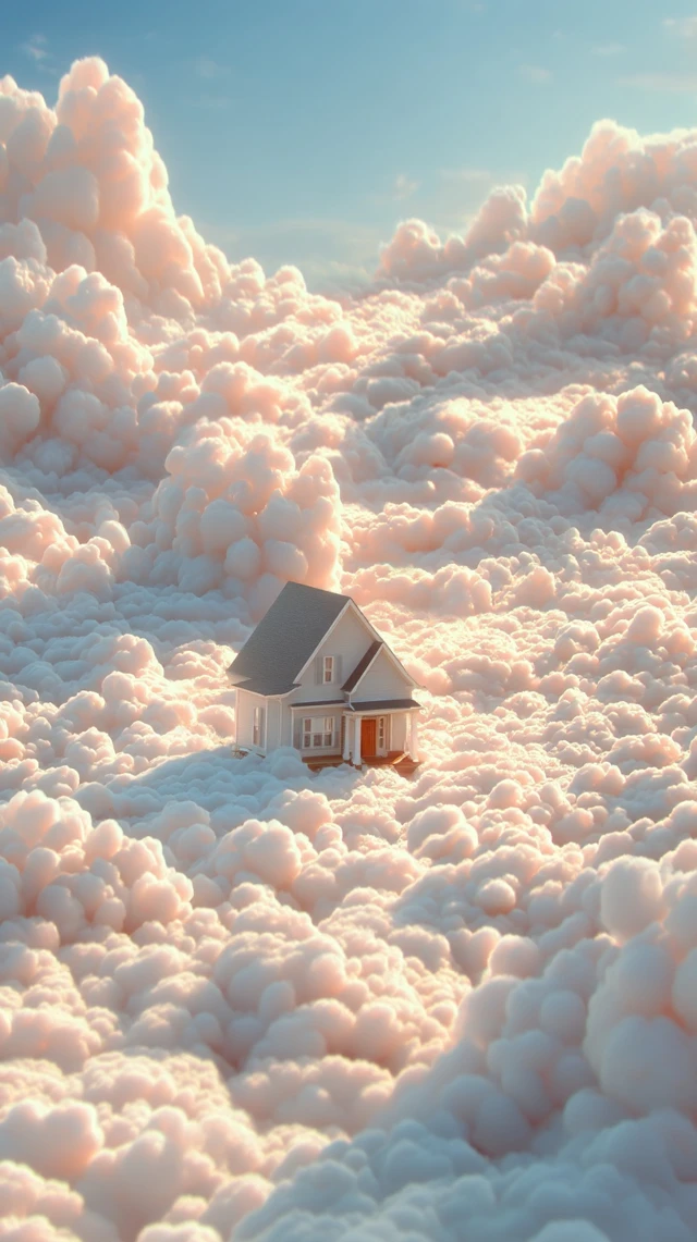 Floating House in the Clouds Dreamlike Serene Scene