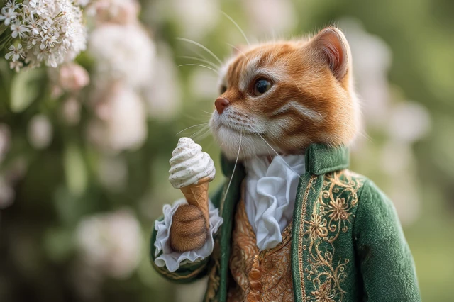 Regal Cat in 18th Century Attire with Ice Cream