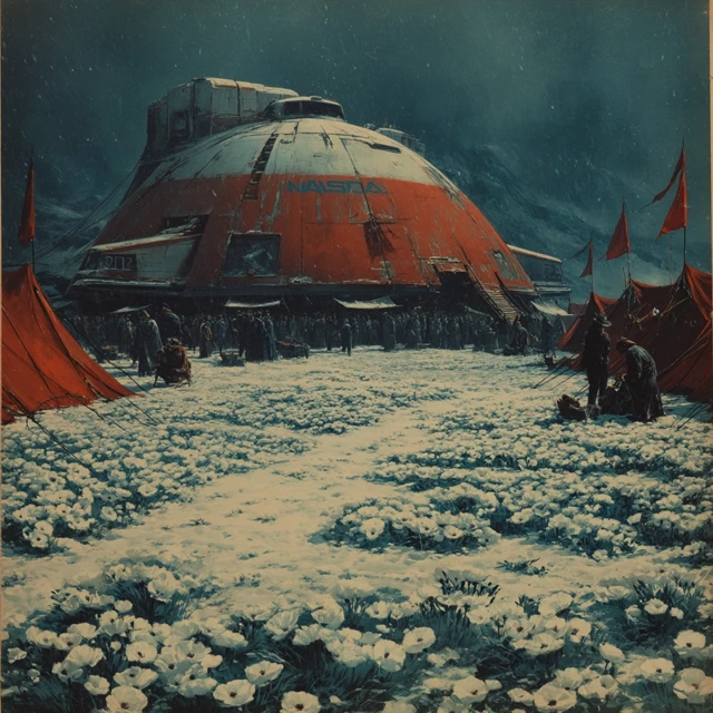 Vintage Sci-Fi: NASA Capsule in Snowy Landscape