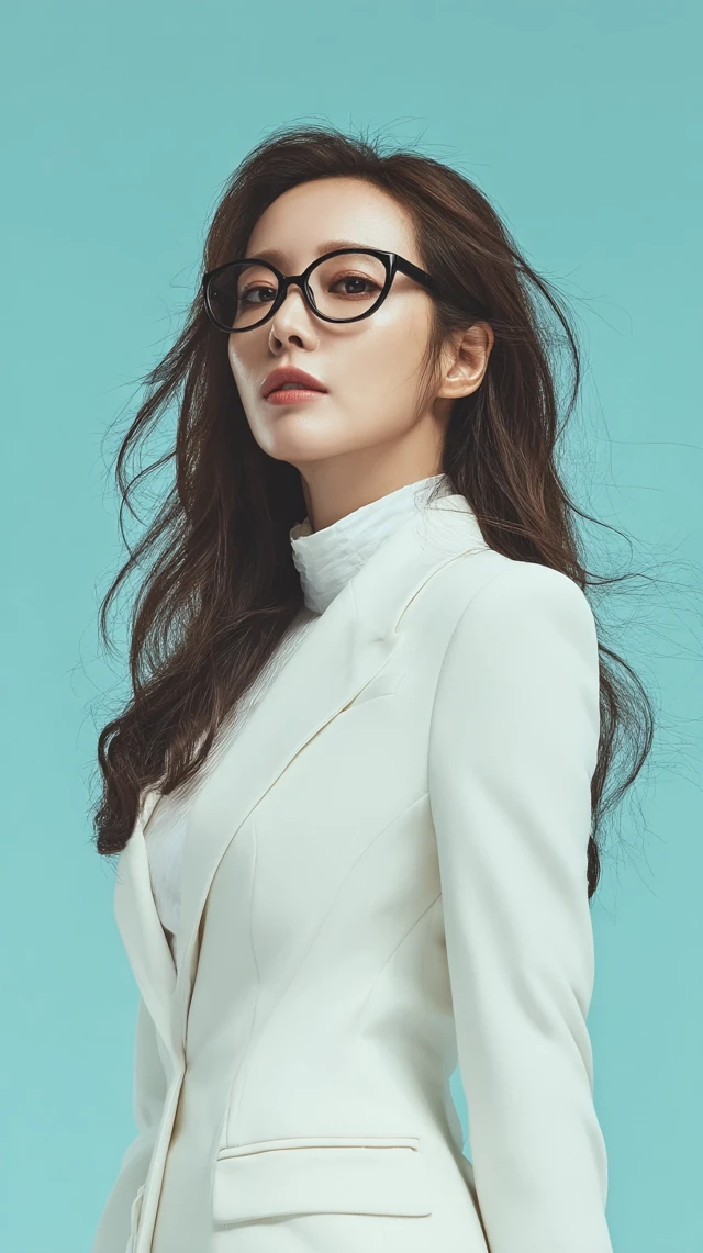 Beautiful Korean Woman in Glasses and White Suit