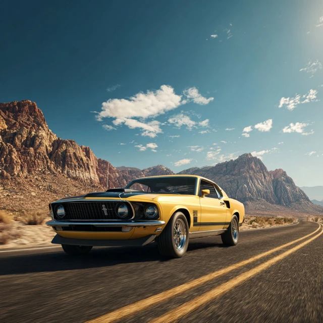 1969 Ford Mustang Mach 1 on Desert Highway