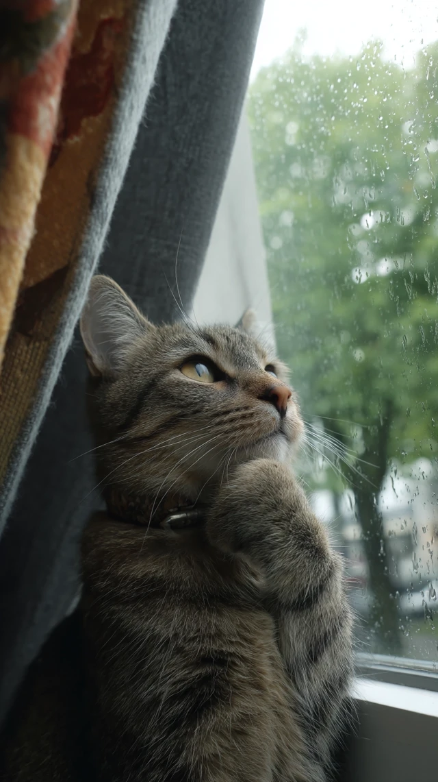 Contemplative Cat by Window Rainy Day