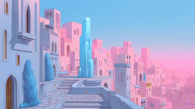Anime Cityscape with Cyan Crystal and Surreal Atmosphere