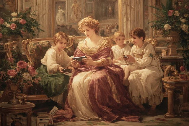 Renaissance Mother Playing Game Boy with Children