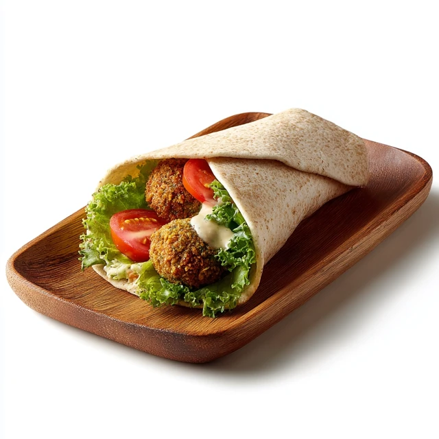 Falafel Wrap on Wooden Plate Delicious Food